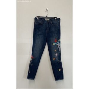 Free People Mult Embroidered Bird High Rise Raw Hem Denim Skinny Jeans - Size 29